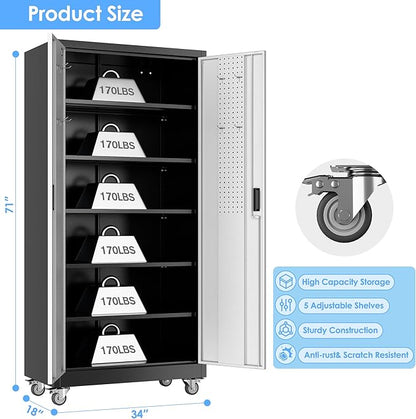 Garage Storage Cabinet with Wheels & Pegboard, Lockable Metal Storage Cabinet with Doors and 5 Adjustable Shelves for Garage, Home, Storage, Assembly Required, Black and Silvery, 71" H×34" W×18" D