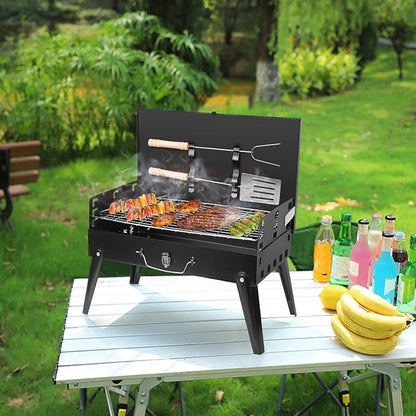 Portable Charcoal Grill for Outdoor Cooking–Foldable BBQ Grill with Adjustable Height, Removable Ash Catcher & Compact Storage Bag, Ideal for Camping, Picnics, Backyard Grilling, 16.7x10x17.7in