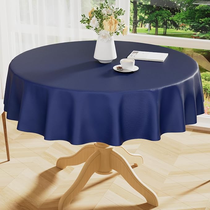 Smiry Round Table Cloth 70 Inch, Waterproof Wipeable Vinyl Tablecloths Protector, Oil Spill Proof Plastic Table Cover for Dining, Picnic, Camping, Outdoor, Navy