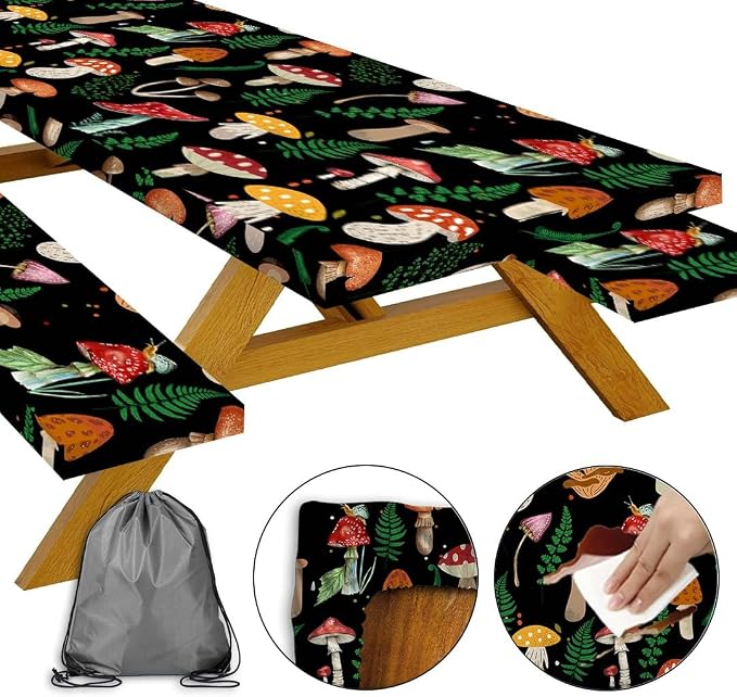 JAWO Black Picnic Table Cover with Bench Covers Elastic Edges Camping RV Essentials Waterproof Windproof Outdoor Fitted Tablecloth Rectangle Camping Tables and Seats, 30x96in