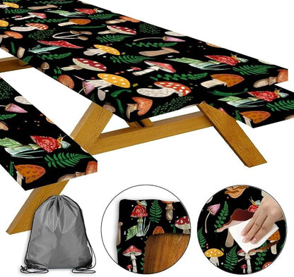 JAWO Black Picnic Table Cover with Bench Covers Elastic Edges Camping RV Essentials Waterproof Windproof Outdoor Fitted Tablecloth Rectangle Camping Tables and Seats, 30x96in