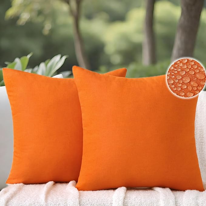 Outdoor Throw Pillows with Inserts, Waterproof Pillows for Outdoor Seating, Square Decorative Garden Cushion for Patio Furniture, Bed, Couch, Sofa(Orange, 18" x 18" (Pack of 2))