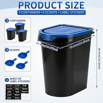 Maxdot 3 Sets 22lb Wood Pellet Storage Containers with Smoker Grill Pellet Label Stickers Spoon Locking Lid Charcoal Container Holds for Men Gift Smoker Charcoal Outdoor Grill Pellets Camping Party