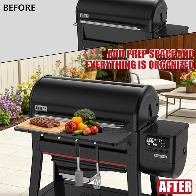 DELSbbq Folding Front Shelf for Weber Searwood 600 XL Pellet Grills, Heavy-Duty Steel Table, Foldable Prep & Storage Station for Weber Searwood 600 XL Accessories