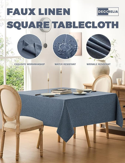 Decorelia Faux Linen Square Tablecloth for Dining Room,Waterproof Texture Decorative Farmhouse Rustic Table Cloth for Indoor Outdoor Party Holiday Banquet Picnics Patio,52x52 Inch (Square),Denim Blue