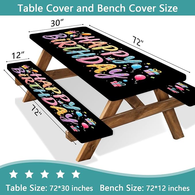 Happy Birthday Picnic Table Cover with Bench Covers, Colorful Candy Sprinkle Design Waterproof Camping Tablecloth, Elastic Fitted Rectangle Table Set with Drawstring Bag, 3PCS, 30x72 Inch