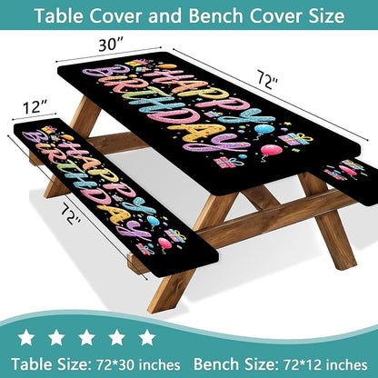 Happy Birthday Picnic Table Cover with Bench Covers, Colorful Candy Sprinkle Design Waterproof Camping Tablecloth, Elastic Fitted Rectangle Table Set with Drawstring Bag, 3PCS, 30x72 Inch