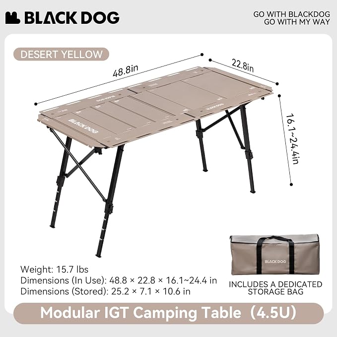 BLACKDOG 4.5U IGT Camping Table, Folding Portable Camp Table, Adjustable Height Aluminum Portable Table with Carry Bag for Outdoor, Pictic, Patio and Backyard 48.8" L x 22.8" W, Desert Sand