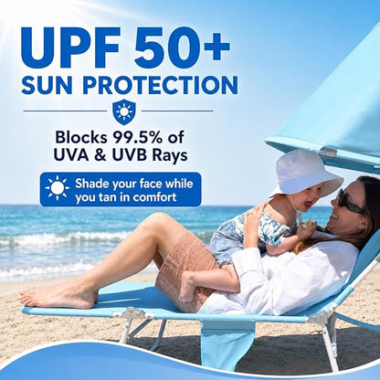Backpack Beach Tanning Lounge Chair with Canopy Shade Face Hole Padded Adjustable Washable, 6 Position Layout Chair for Outside Sunbathing Poolside Lawn, UPF 50+ Wind-Resistant Sun Shade, 2Pack