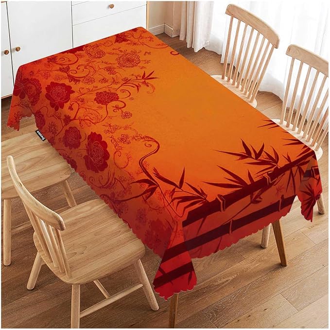 Swono Bamboo Tablecloths Traditional Red Gold Floral Bamboo Kitchen Dinning Tabletop Decoration, Polyester Table Cover for Indoor Outdoor 50x72 Inch Tablecloth