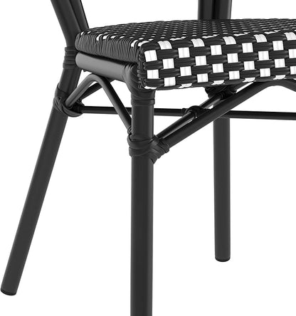Flash Furniture Lourdes Indoor/Outdoor Commercial Thonet Bistro Stack Chair - Black/White PE Rattan Back and Seat - Black Metal Frame