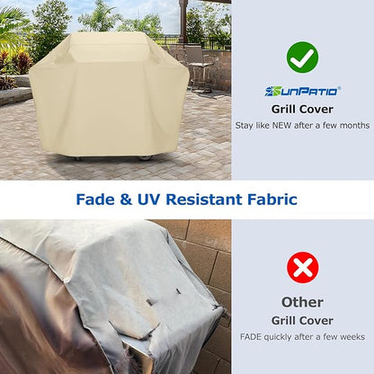 SunPatio BBQ Grill Cover 70 Inch, Outdoor Waterproof Large Barbecue Cover, All Weather Resistant Charcoal Gas Grill Protector, Compatible for Weber Char-Broil Nexgrill Napoleon and More, Beige