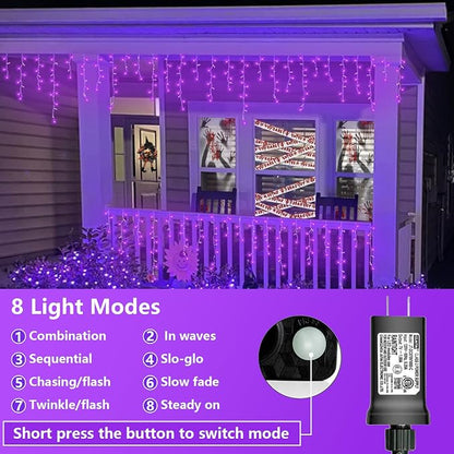QITONG Purple Halloween Lights, 66ft 800 LED Icicle Lights for Outside Plug in, Clear Wire Connectable String Light Indoor with 8 Modes