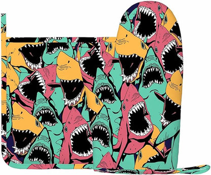 Mxocom Shark Oven Mitts and Pot Holders Sets Sea Ocean Fish Angry Sharks Wide Mouth White Teeth Aqua Silicone Heat Resistant Kitchen Oven Gloves Pot Holder for Cooking