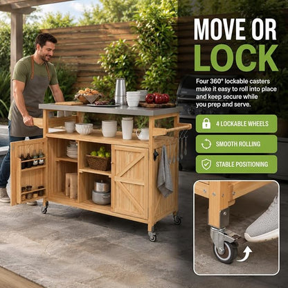 Outdoor Kitchen Island, 50.25" Rolling Grill Table with Storage Cabinet, 201 Stainless Steel Top Outdoor Bar Cart, Solid Fir Wood BBQ Prep Station with Adjustable Shelves, Spice Rack (Natural)