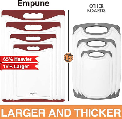 Empune Extra Large Cutting Boards, Plastic Cutting Boards for Kitchen (Set of 4) Cutting Board Set Dishwasher Safe Chopping Board with Juice Grooves Easy-Grip Handles, Red