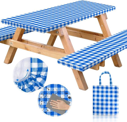 Vinyl Fitted Picnic Table Cover with Bench Covers & Blue 6ft Blue Checkered | Vinyl Fitted Picnic Table Cover with Bench Covers and Bag, Outdoor Waterproof Windproof Picnic Tablecloth with Elastic Edges.