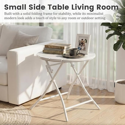 TeoKJ Folding Outdoor Side Tables, HDPS Small Patio Table | Metal Round Anti Rust Patio Desk, No Assembly Small Nightstand for Yard, Balcony, Lawn, Pool, Lightweight, White