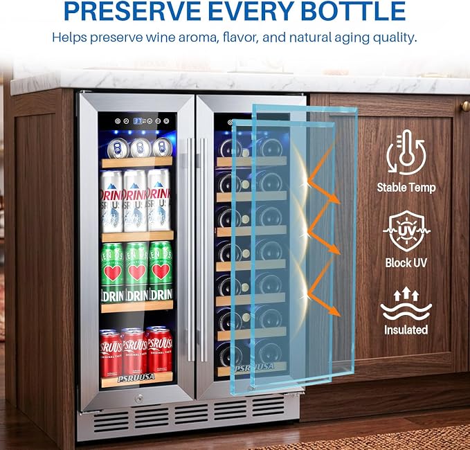 24 Inch Wine and Beverage Refrigerator Dual Zone Wine Fridge Beverage Cooler Large Capacity Holds 88 Cans and 20 Bottles, Built-In or Freestanding with Glass Door for Kitchen, Home Bar