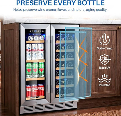24 Inch Wine and Beverage Refrigerator Dual Zone Wine Fridge Beverage Cooler Large Capacity Holds 88 Cans and 20 Bottles, Built-In or Freestanding with Glass Door for Kitchen, Home Bar