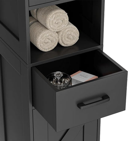 Homhedy 67" H Tall Bathroom Storage Cabinet with Barn Doors and Drawer | Narrow Storage Unit with Adjustable Shelves, Floor Cabinet for Bathroom, Living Room, Entryway or Kitchen, Black, 11.8" W