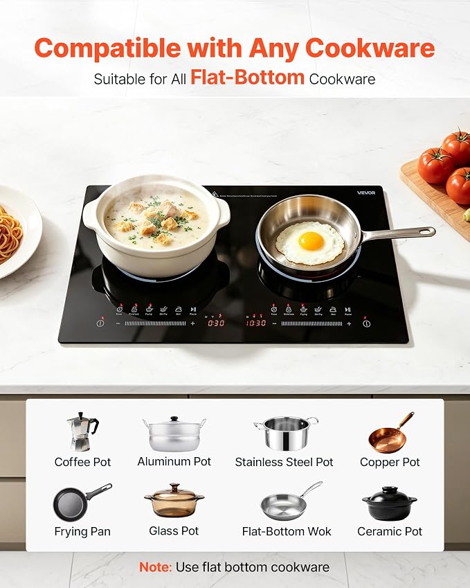 VEVOR Electric Cooktop 24inch 2 Burners Portable Stove Top 1800W 120V, Ceramic Countertop/Built-in Radiant Electric Stove, with 9 Power Levels, Timer, Child Lock, Over-Heat Guard, Touch Control