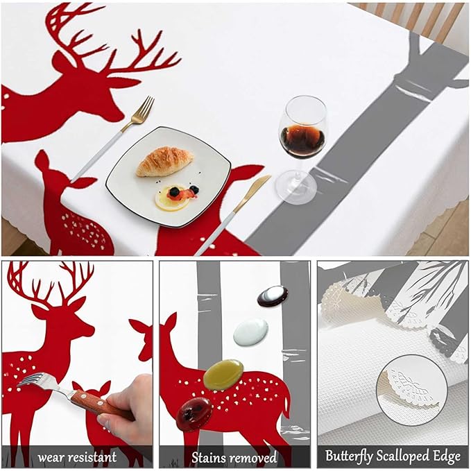 Swono Tablecloth 52"X70" Deer, Red Christmas Deer Birch Tree Winter Rectangle Table Cover Anti-Oil Tablecloth for Dining Tables, Parties, Wedding and Banquet Decoration