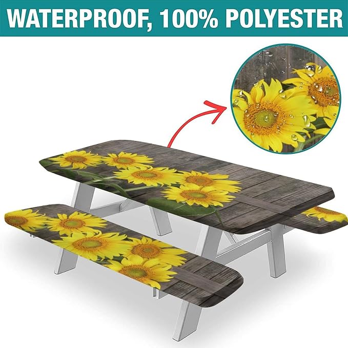 Sunflowers Picnic Bench Fitted Table Cover, Brown Yellow Helianthus Against Weathered Aged Fence Table Cloth, 28x72 Inch, 3 Piece Set, for Picnics Indoor and Outdoor Dining Decor