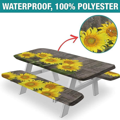 Sunflowers Picnic Bench Fitted Table Cover, Brown Yellow Helianthus Against Weathered Aged Fence Table Cloth, 28x72 Inch, 3 Piece Set, for Picnics Indoor and Outdoor Dining Decor