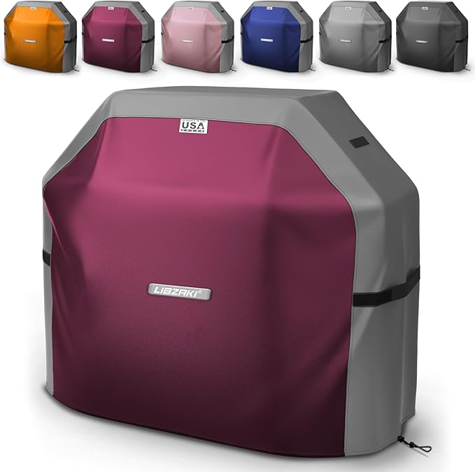 LIBZAKI Grill Cover 420D Waterproof, Weather Resistant, Rip-Proof, Anti-UV, Fade Resistant,Gas Grill Cover for Weber,Char Broil,Nexgrill Grills, etc.60 inches-Fuchsia/Gray