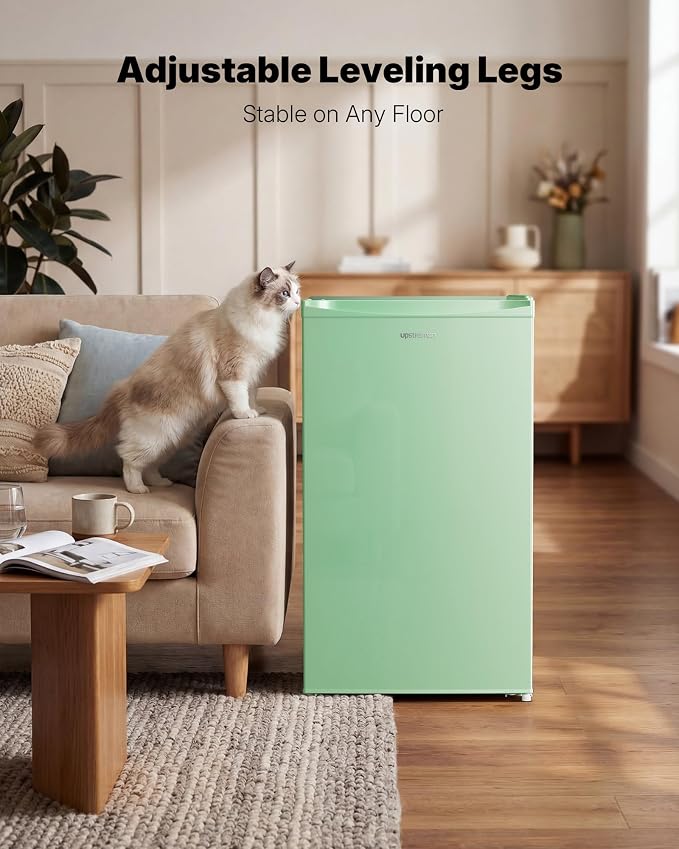 Upstreman 3.2 Cu.Ft Mini Fridge with Freezer, Green-BR321 | Adjustable Thermostat, Energy Saving, Low Noise, Reversible Door, Small Refrigerator for Dorm, Bedroom, Office