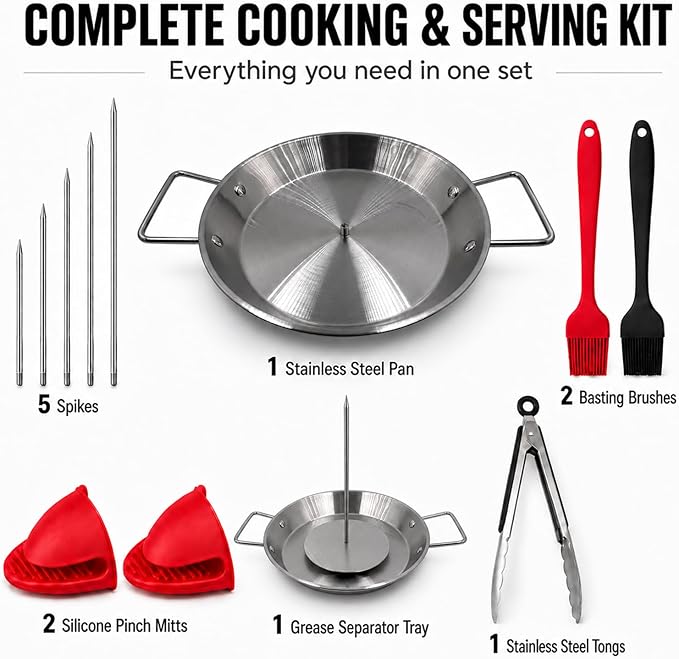 Al Pastor Skewer for Grill, 10 Inch Stainless Steel Vertical Skewer Pan with 5 Spikes, Grease Separator Tray, Tongs, Gloves & Basting Brushes, Shawarma Gyro Kebab Stand for Oven Smoker BBQ