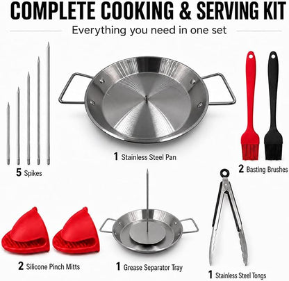 Al Pastor Skewer for Grill, 10 Inch Stainless Steel Vertical Skewer Pan with 5 Spikes, Grease Separator Tray, Tongs, Gloves & Basting Brushes, Shawarma Gyro Kebab Stand for Oven Smoker BBQ