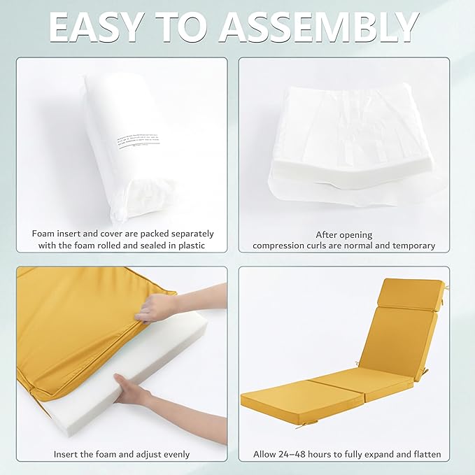 72 x 21 Inch Outdoor Chaise Lounge Cushions Set of 2 - Removable Cover, 4-Section Design, Water-Repellent & Fade-Resistant, 6 Tie Straps, Replacement for Patio & Pool Chairs - Yellow