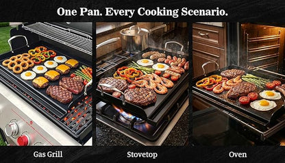 Updated 25" x 16" Cast Iron Griddle for Gas Grill, Nonstick Nanoceramic Stove Top Griddle for Gas Stove, Pre-Seasoned Flat Top Plate Insert for Outdoor Gas Grill, Camping, Tailgating, Parties