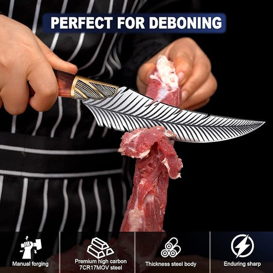 ROCOCO Feather Viking Boning Knife Japanese Forged in Fire Fancy Handmade Butcher Cleaver with Sheath Kitchen Outdoor Camping BBQ Collection Birthday Father Mother Christmas Day Gift 5.9"