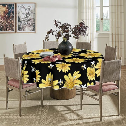 Horaldaily Summer Tablecloth 90 x 90 Inch Round Yellow Sunflower Bumble Bee | Black Fall Washable Table Cover for Party Picnic Dinner Decor