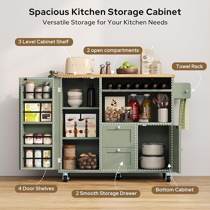 knoworld Rolling Kitchen Island with Storage Cabinet, 41.3'' Width Kitchen Cart with Desktop Drop Leaf Countertop, Portable Mobile Island with Towel Rack, Spice Rack Shelf and Lockable Wheels, Green