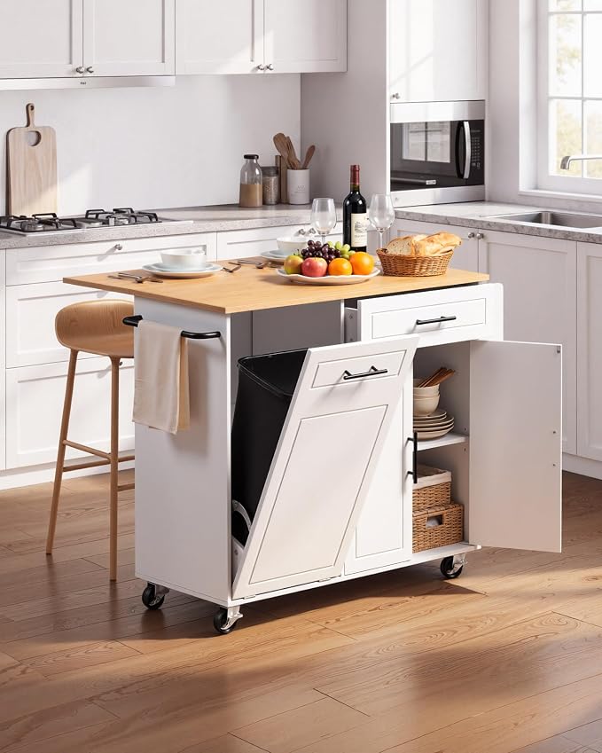 VEVOR Kitchen Island Cart with Storage, 46.06 in Wide Mobile Rolling Storage Island on Swivel Wheels, with Drawer, Storage Cabinet, Drop Leaf, Spice/Towel Rack, Table for Home Dining Room, White