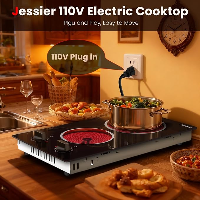 2 Burner Electric Cooktop 110V 2000W Countertop or Built-in | 12 Inch Plug in Two Burner Electric Stove, Hot Plate Ceramic Stovetop, Knob Control, 9 Power Levels and Overheat Protection