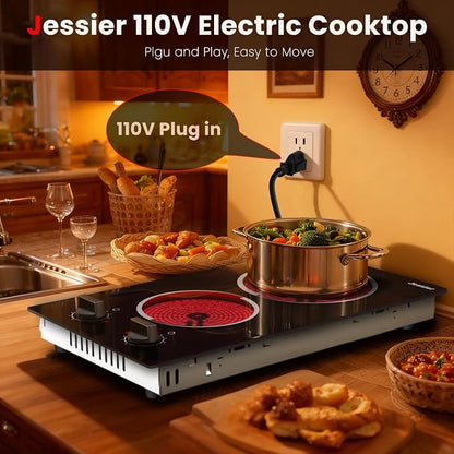 2 Burner Electric Cooktop 110V 2000W Countertop or Built-in | 12 Inch Plug in Two Burner Electric Stove, Hot Plate Ceramic Stovetop, Knob Control, 9 Power Levels and Overheat Protection