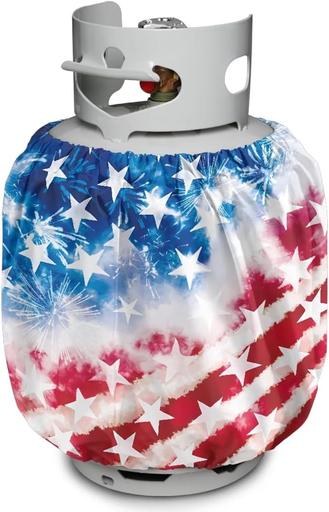 Propane Tank Cover 20 lb Patriotic American Flag Weather Resistant Gas Cylinder Polyester Blue Red 4th of July Decoration for Travel Trailer RV and Outdoor Use
