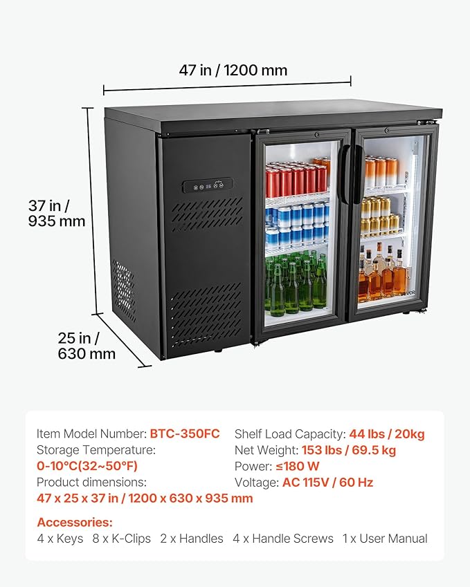 VEVOR Back Bar Cooler, 11.8 Cu. Ft Counter Height Beverage Refrigerator, Commercial Display Fridge w/ 2 Glass Doors, LED Lighting, Shelves, Fan Cooling Beer Wine Cooler for Pub, Merchandiser, Office