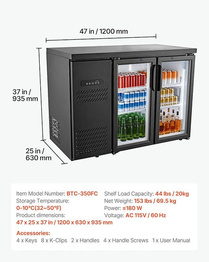 VEVOR Back Bar Cooler, 11.8 Cu. Ft Counter Height Beverage Refrigerator, Commercial Display Fridge w/ 2 Glass Doors, LED Lighting, Shelves, Fan Cooling Beer Wine Cooler for Pub, Merchandiser, Office