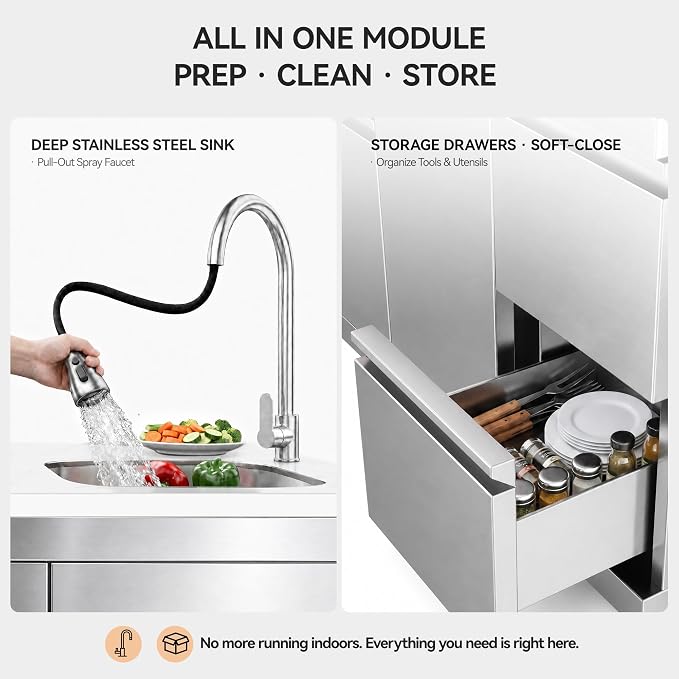SERA C 4-Burner Propane Modular Outdoor Kitchen Compact Patio | 75,300 BTU, side burner for sauces, pull-out faucet sink storage drawers, 304ss, soft-close, locking caster, balcony backyard
