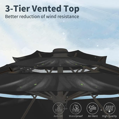 9FT 3 Tiers Patio Umbrella With Auto Tilt And Crank, Outdoor Table Market Umbrella with 8 Sturdy Ribs for Garden, Lawn, Deck, Backyard and Pool