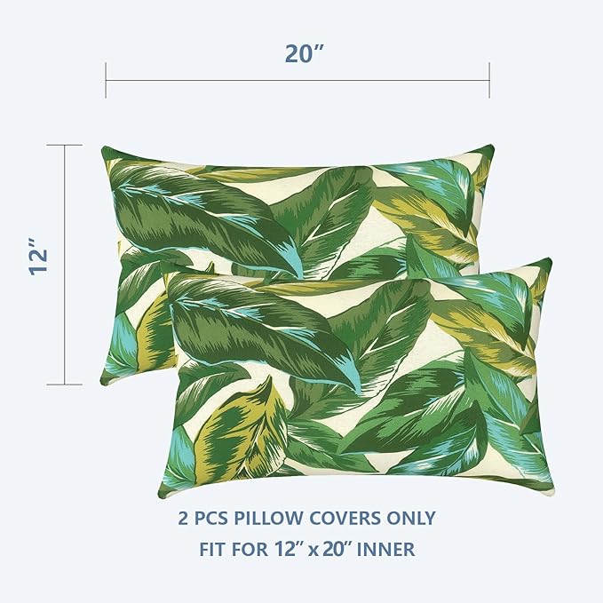 LVTXIII Set of 2 Patio Lumbar Pillow Covers ONLY, 12" x 20" Fade Resistant Outdoor Lumbar Pillow Cases, Fluffy Decorative Garden Lumbar Cushions Covers for Home Patio Coach Sofa Use, Lush Leaf Jungle
