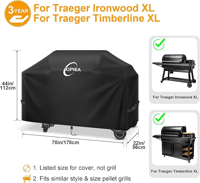 Kipiea Heavy Duty Grill Cover for Traeger Ironwood XL/Timberline XL, 600D Oxford Wood Pellet Smoker Covers Waterproof & Windproof, Pellet BBQ Grill Cover for Outside Anti-UV, No Tear, No Fading