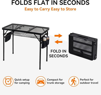 3Ft Foldable Grill Table for Camping, Portable Metal Mesh BBQTable with Dual Side Storage Bags, Lightweight Folding Outdoor Cooking Table for Picnic, RV Travel, Beach & Backyard BBQ