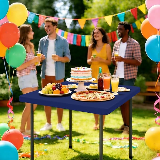 Smiry Rectangle Tablecloth, Elastic Fitted Flannel Backed Vinyl Tablecloths for 3ft Folding Tables, Waterproof Wipeable Table Covers for Indoor, Outdoor, Camping and Picnic (Navy, 34"x34")